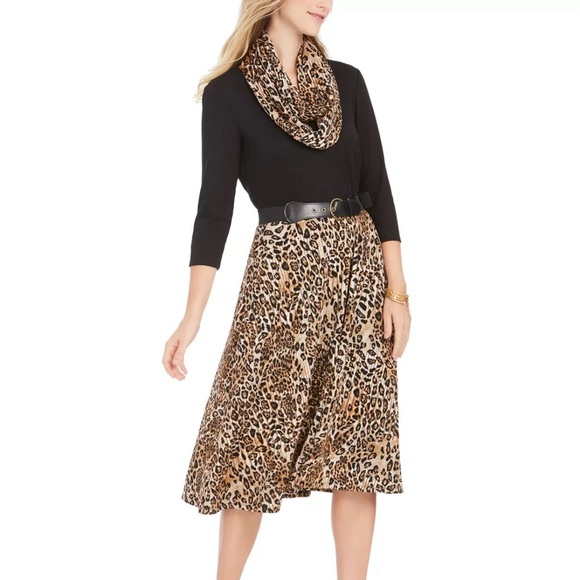 ROBBIE BEE WOMEN'S BELTED LEOPARD PRINT SWEATER DRESS & SCARF BLACK PETITE M - Picture 2 of 3